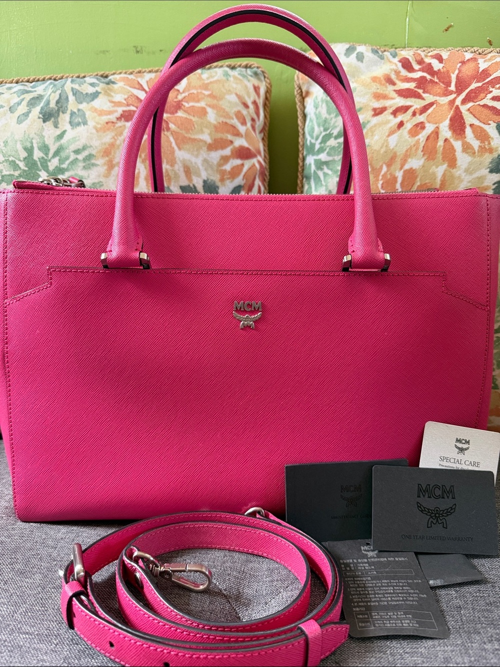 MCM Hot Pink Saffiano Leather Satchel with Detachable Strap